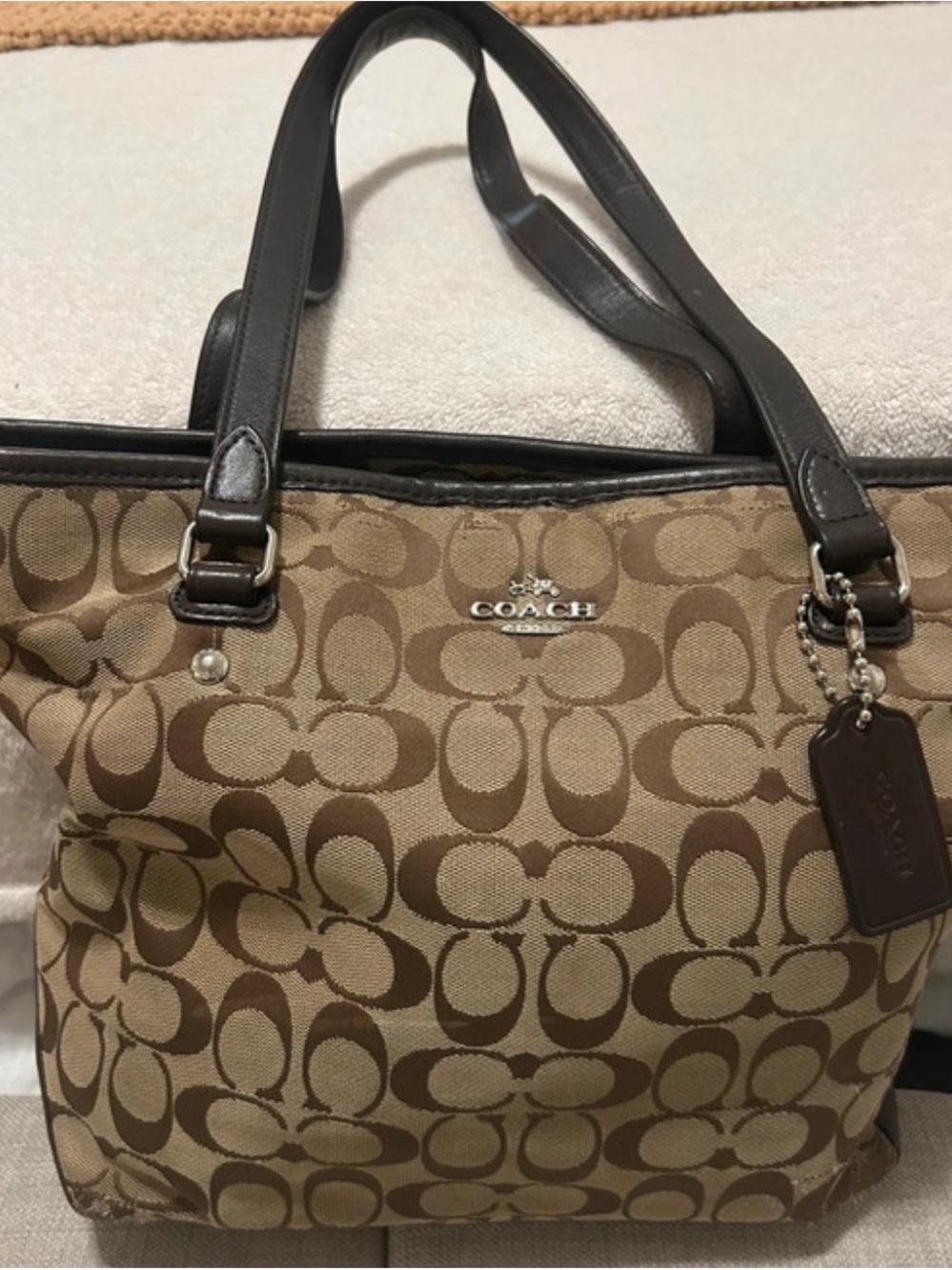 COACH Tan Signature Canvas Tote with Dark Brown Trim